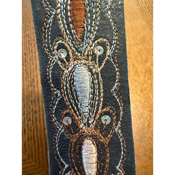 Genuine Leather Black Embroidered Western Belt Small Boho Cowgirl Sequins - Picture 8 of 8